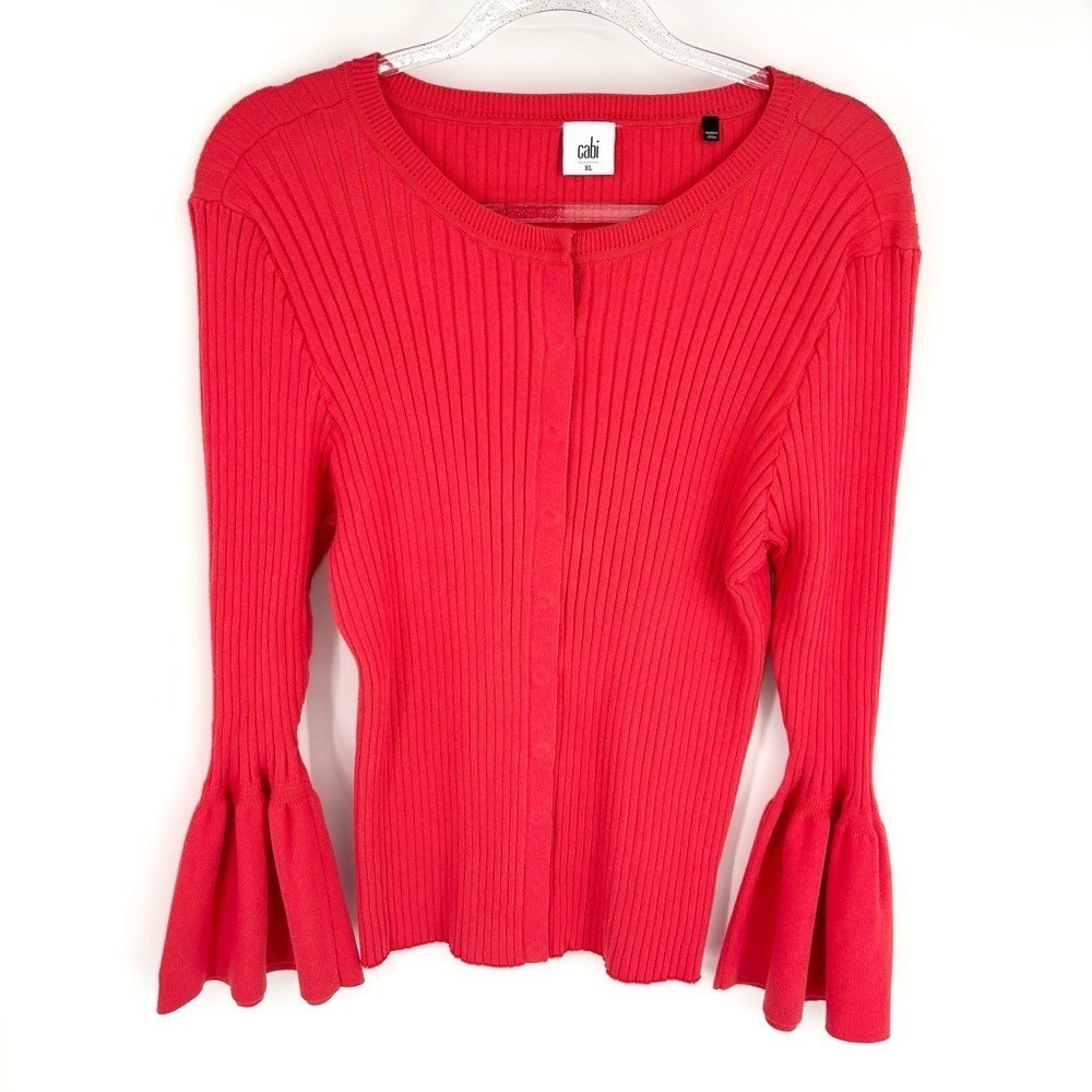 Cabi Trumpet Cardigan Sweater Size XL Bright Red Orange Bell Sleeves Romantic